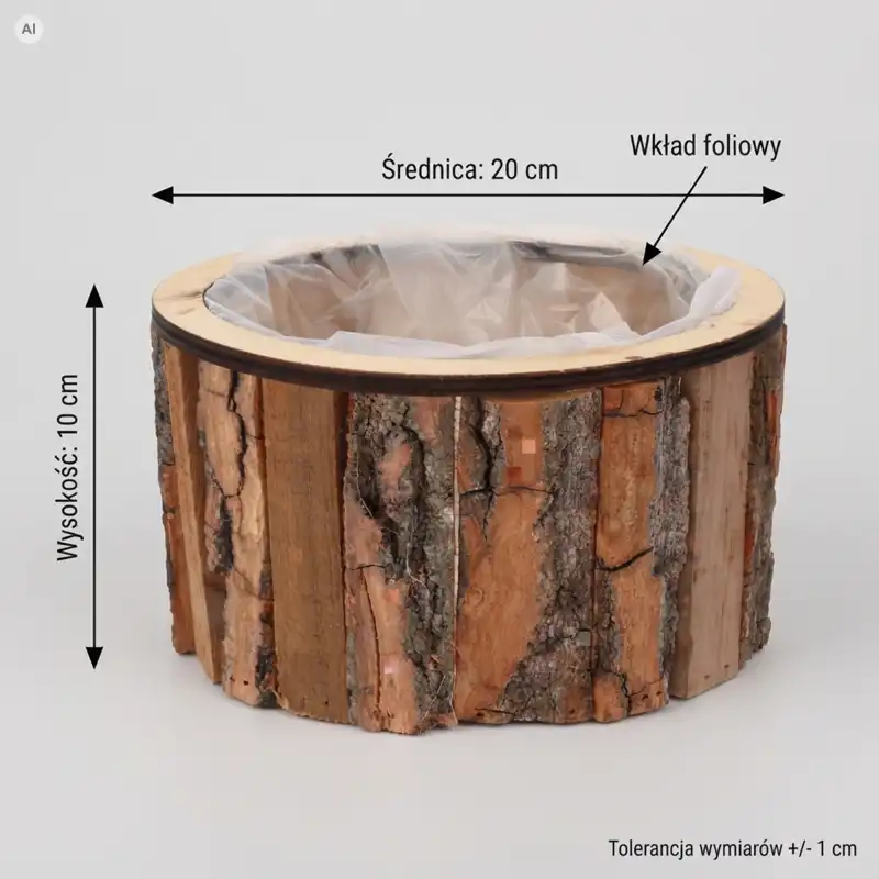 Infografika przedstawiająca okrągłą drewnianą osłonkę z naturalną korą o średnicy 20 cm i wkładem foliowym.