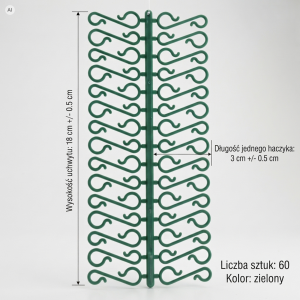 Zielone haczyki do bombek 60 sztuk o długości 3 cm i wysokości 18 cm.