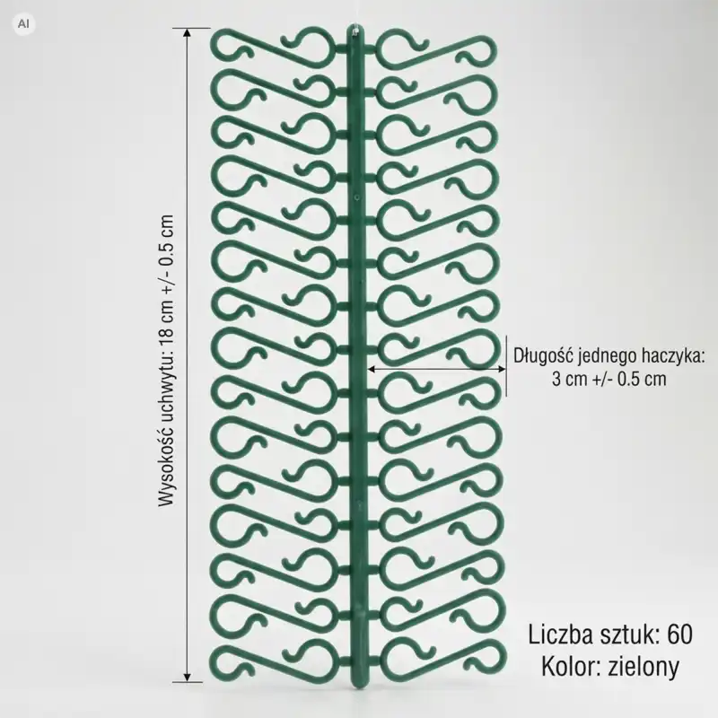 Zielone haczyki do bombek 60 sztuk o długości 3 cm i wysokości 18 cm.