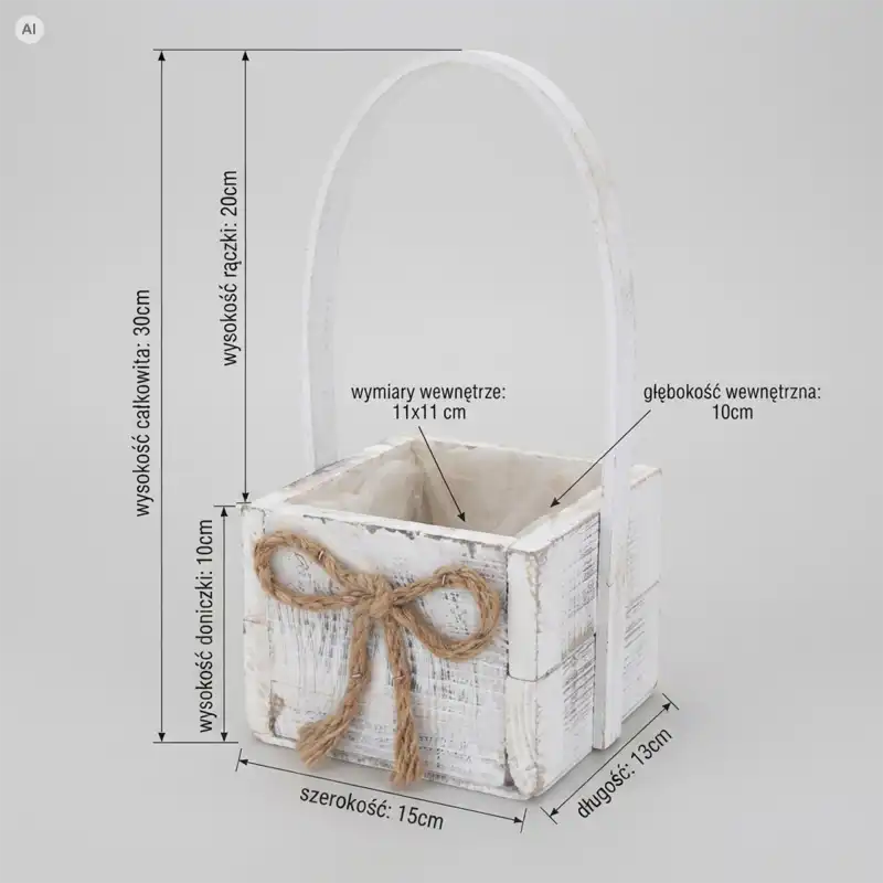 Biała drewniana osłonka 30 cm z rączką i jutową kokardą, z naniesionymi wymiarami wysokości, szerokości i wnętrza.