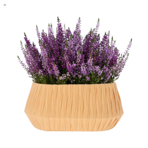 Beżowa owalna osłonka dekoracyjna z plecionki 26x17 cm z wrzosem na białym tle