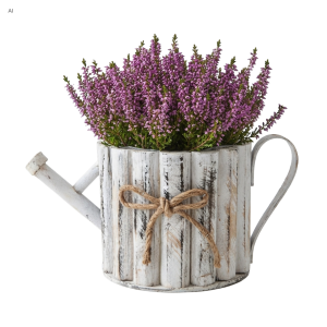 Drewniana biała osłonka konewka 32 cm wypełniona wrzosem