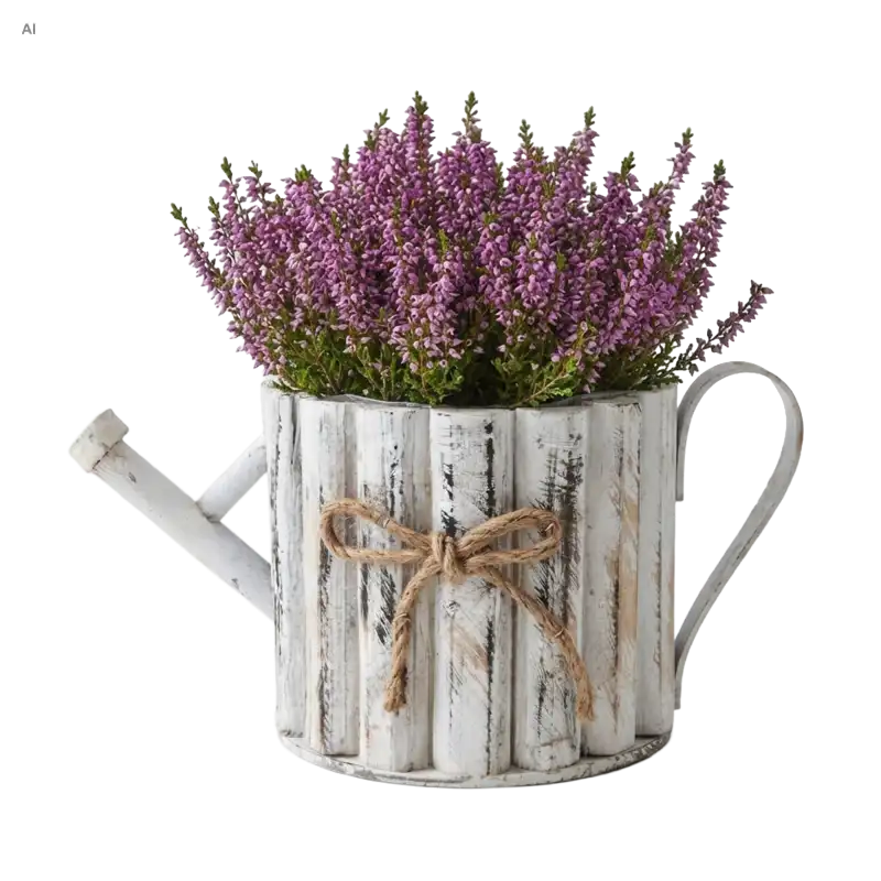Drewniana biała osłonka konewka 32 cm wypełniona wrzosem