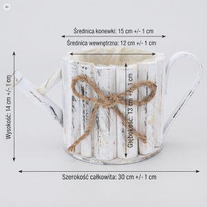 Biała drewniana osłonka konewka 30 cm z naniesionymi wymiarami technicznymi, rustykalną donicą, przetarciami i sznurkiem jutowym.