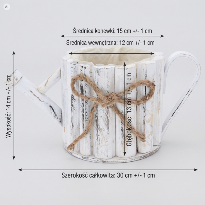 Biała drewniana osłonka konewka 30 cm z naniesionymi wymiarami technicznymi, rustykalną donicą, przetarciami i sznurkiem jutowym.