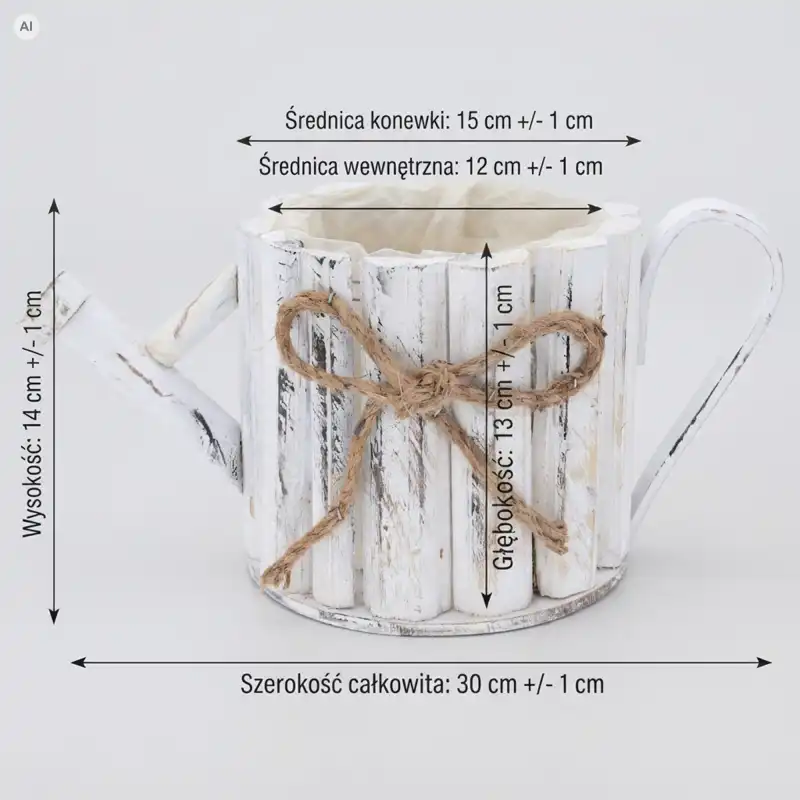 Biała drewniana osłonka konewka 30 cm z naniesionymi wymiarami technicznymi, rustykalną donicą, przetarciami i sznurkiem jutowym.