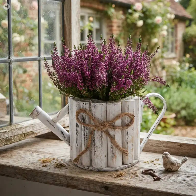Biała drewniana osłonka konewka 30 cm z wrzosem na parapecie.
