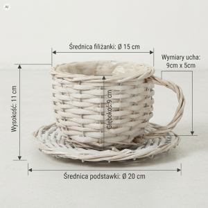 Biała wiklinowa filiżanka 20 cm z widocznymi wymiarami technicznymi na jasnym tle.