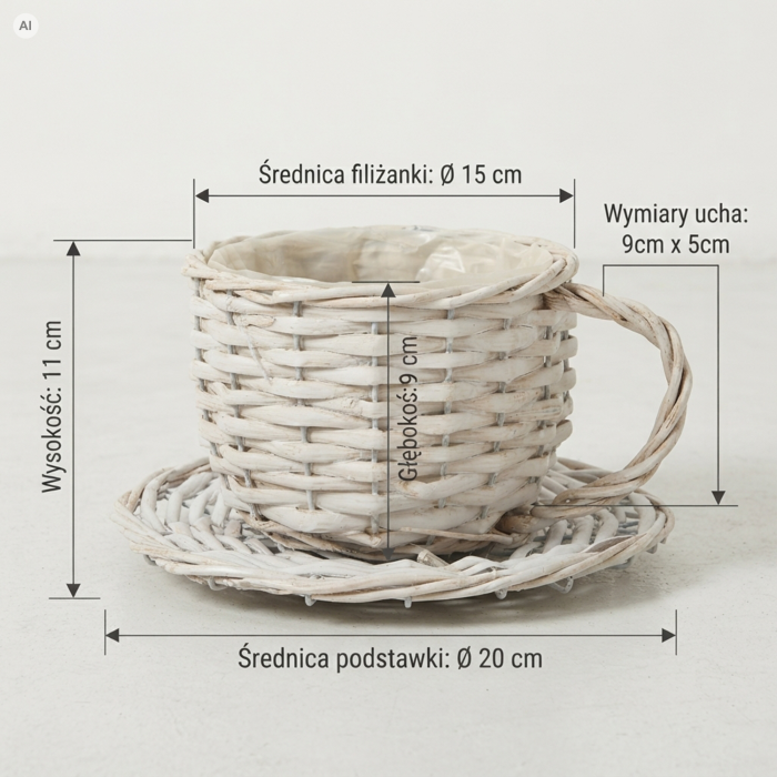 Biała wiklinowa filiżanka 20 cm z widocznymi wymiarami technicznymi na jasnym tle.