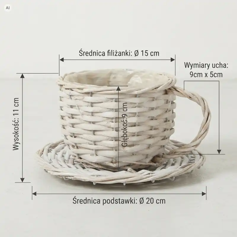 Biała wiklinowa filiżanka 20 cm z widocznymi wymiarami technicznymi na jasnym tle.
