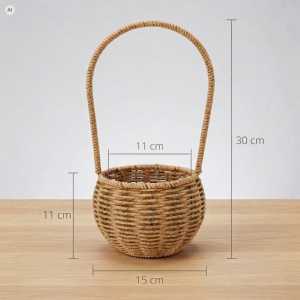 Brązowy okrągły koszyk dekoracyjny 14x14x30H z tworzywa sztucznego i metalu na jasnym tle, prezentujący wymiary 30 cm, 15 cm i 11 cm.