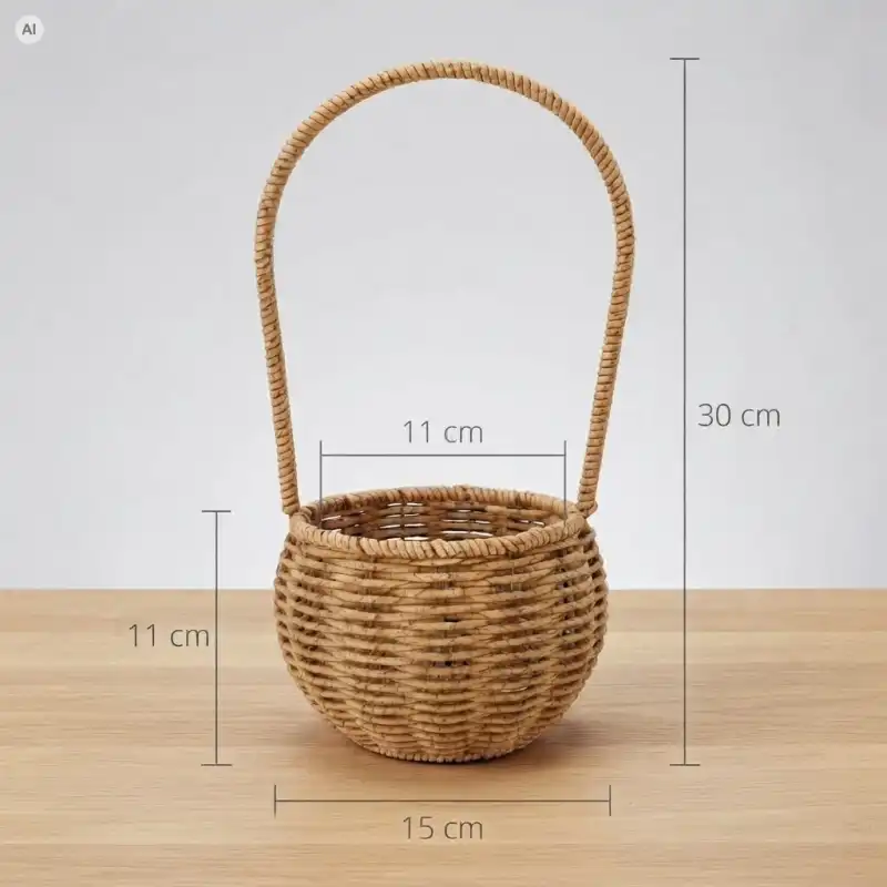 Brązowy okrągły koszyk dekoracyjny 14x14x30H z tworzywa sztucznego i metalu na jasnym tle, prezentujący wymiary 30 cm, 15 cm i 11 cm.