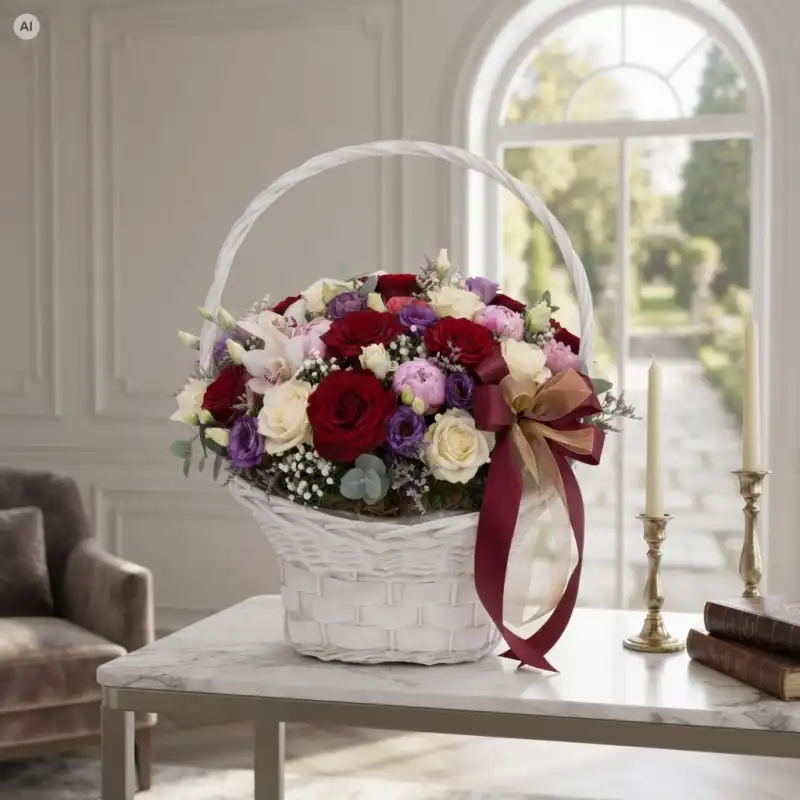 Biały wiklinowy kosz 65 cm wypełniony bujną kompozycją kwiatową z czerwoną kokardą, postawiony na stole w eleganckim wnętrzu.
