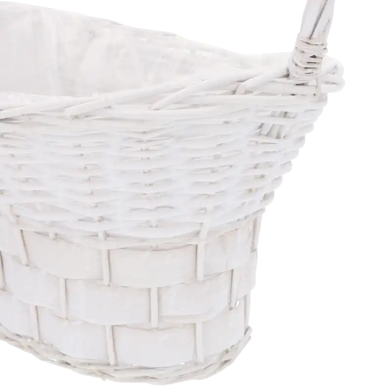 Zbliżenie na biały wiklinowy kosz z folią 55 cm o plecionej strukturze.