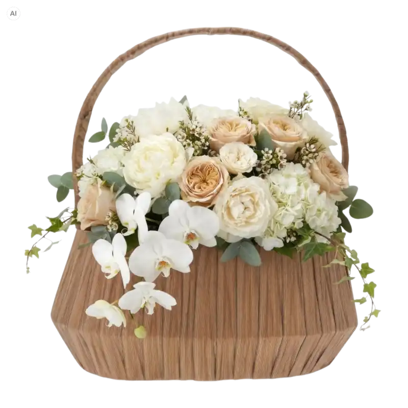 Brązowy owalny kosz dekoracyjny z plecionki 26x17 cm wypełniony kompozycją z kremowych róż i białych storczyków na białym tle