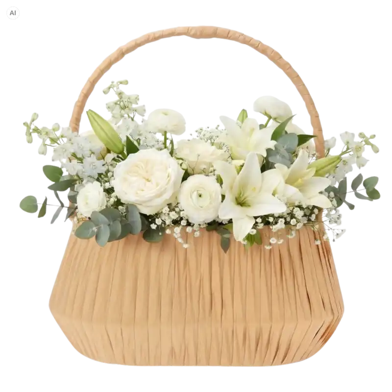 Beżowy owalny kosz dekoracyjny z plecionki 26x17 cm wypełniony bukietem białych kwiatów