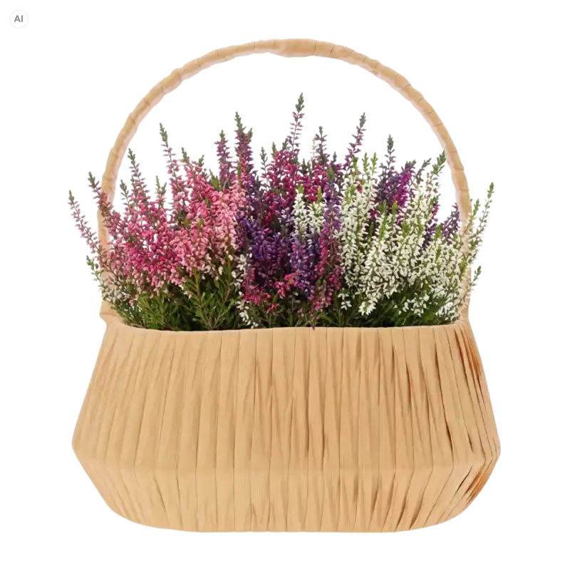 Beżowy owalny kosz dekoracyjny z tworzywa 26x17 cm wypełniony sztucznymi wrzosami