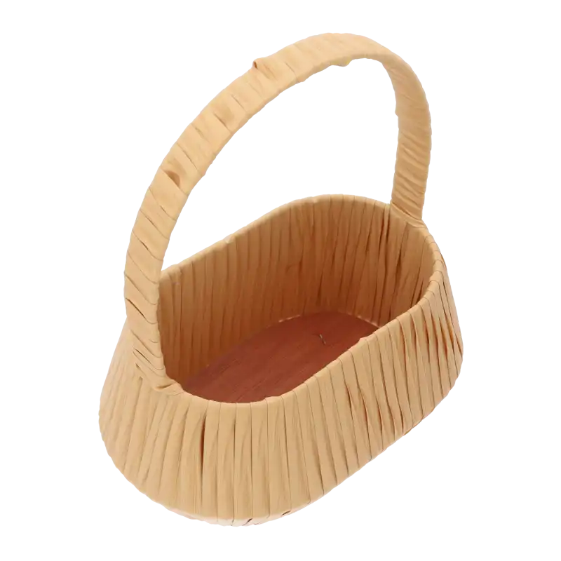 Beżowy owalny kosz dekoracyjny z plecionki 26x17 cm na białym tle.