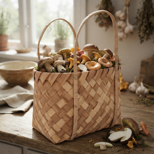 Torba dekoracyjna L 40x25 cm wypełniona świeżymi grzybami na drewnianym kuchennym stole.