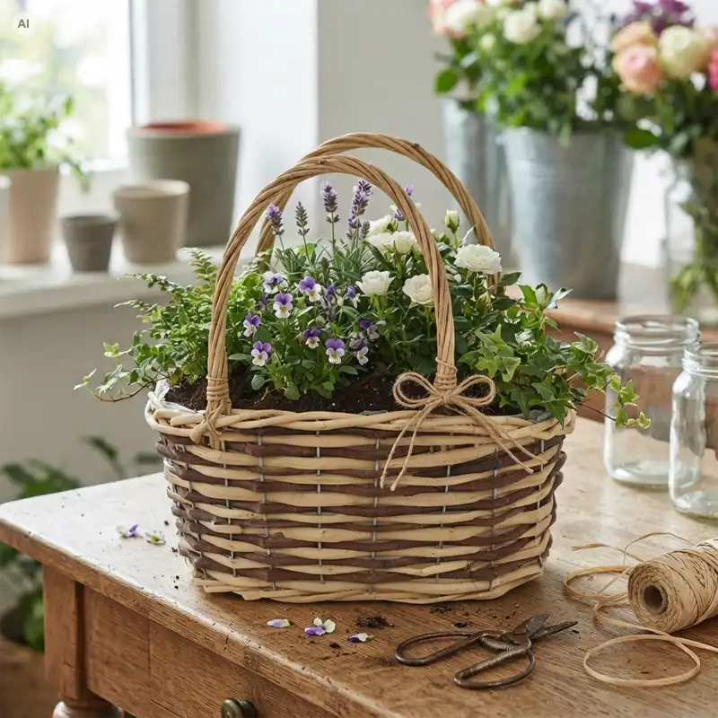 Owalny kosz wiklinowy z folią M wypełniony wiosennymi kwiatami, stojący na drewnianym stole w pracowni florystycznej