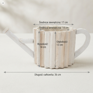 Biała, przecierana drewniana osłonka konewki z oznaczeniami wymiarów: wysokość 14 cm, średnica 17 cm i długość 36 cm.