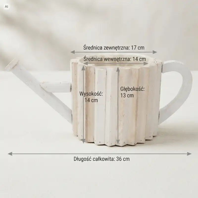 Biała, przecierana drewniana osłonka konewki z oznaczeniami wymiarów: wysokość 14 cm, średnica 17 cm i długość 36 cm.