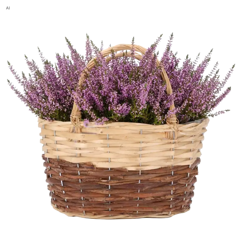 Owalny kosz wiklinowy z folią 30 cm w kolorze beżowo-brązowym wypełniony fioletowymi kwiatami wrzosu na białym tle.