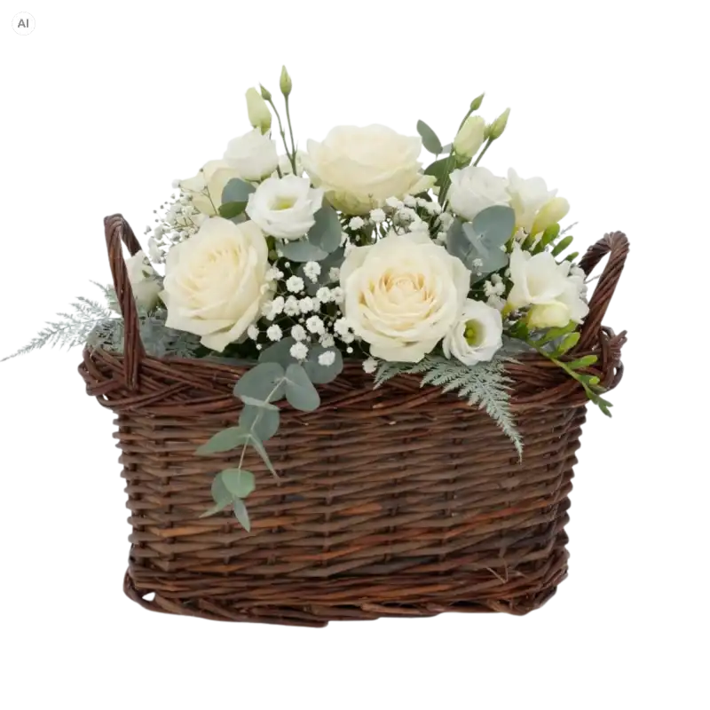 Owalna brązowa osłonka wiklinowa z uszami 30x15 cm wypełniona białymi różami i eukaliptusem.