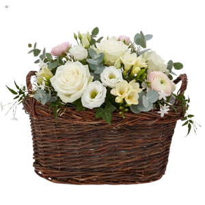 Owalna wiklinowa osłonka z uszami i folią 35x20 cm w kolorze brązowym wypełniona bukietem białych kwiatów i zieleni.