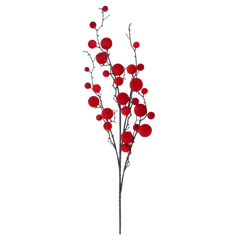 Sztuczna gałązka świąteczna z czerwonymi kulami 80 cm na białym tle