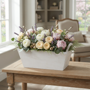 Biała drewniana osłonka na kwiaty 30 cm wypełniona wiosenną kompozycją florystyczną na stole