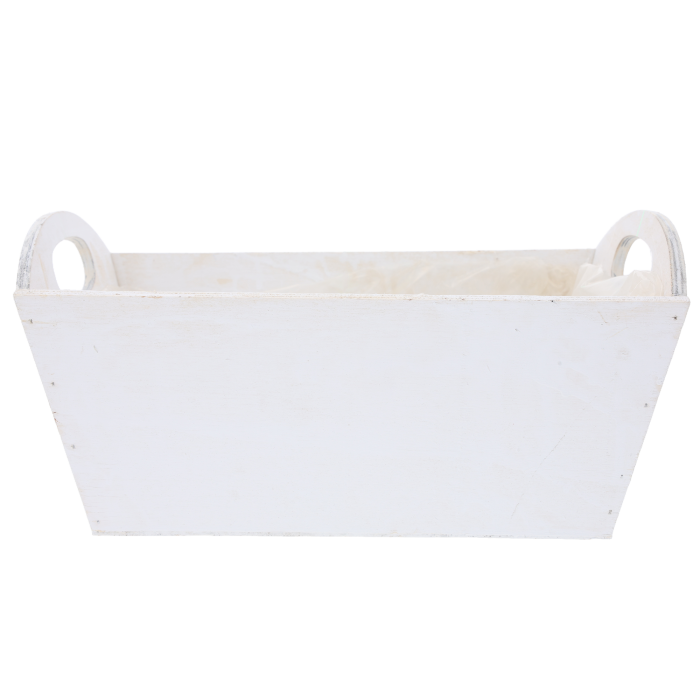 Biała drewniana osłonka na kwiaty z folią L 30 cm