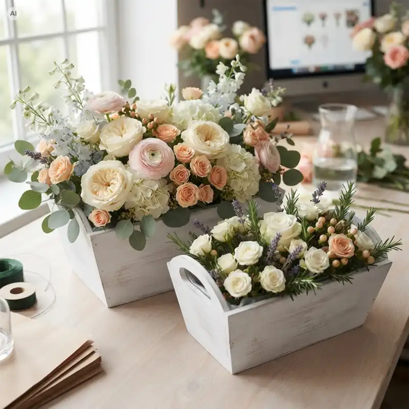 Białe drewniane osłonki z kwiatami ustawione w pracowni florystycznej: większa L 30 cm oraz mniejsza M 27 cm