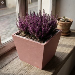 Różowa drewniana skrzynka na kwiaty 15x15x12 cm z fioletowymi kwiatami ustawiona na drewnianym parapecie w świetle słonecznym.