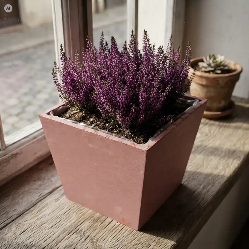 Różowa drewniana skrzynka na kwiaty 15x15x12 cm z fioletowymi kwiatami ustawiona na drewnianym parapecie w świetle słonecznym.