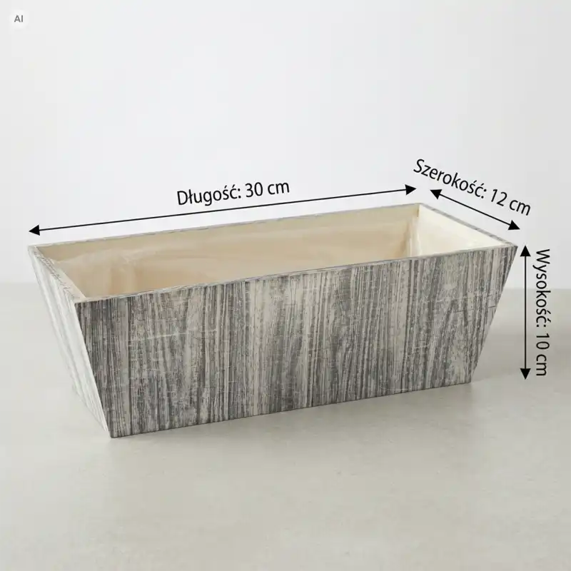 Przecierana drewniana skrzynka o wymiarach 30x12x10 cm z widocznymi oznaczeniami długości, szerokości i wysokości na jasnym tle