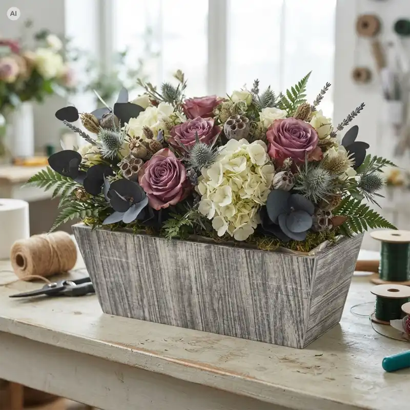 Przecierana drewniana skrzynka 30 cm w formie bogatej kompozycji z wrzosami, różowymi różami i eukaliptusem na jasnym stole w pracowni florystycznej