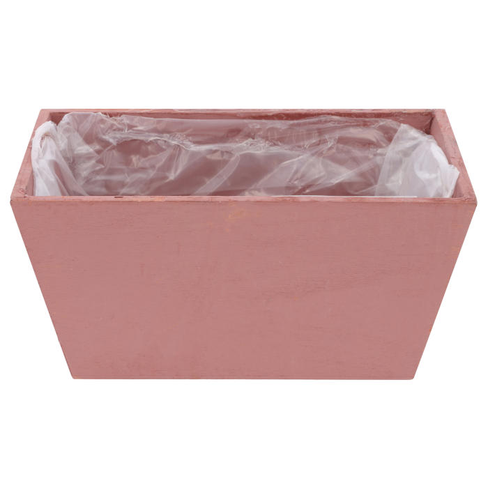 Różowa drewniana skrzynka na kwiaty 20x12x10 cm na białym tle