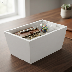 Biała drewniana skrzynka 20x12 cm na biurku jako organizer na notes, długopis i akcesoria biurowe.
