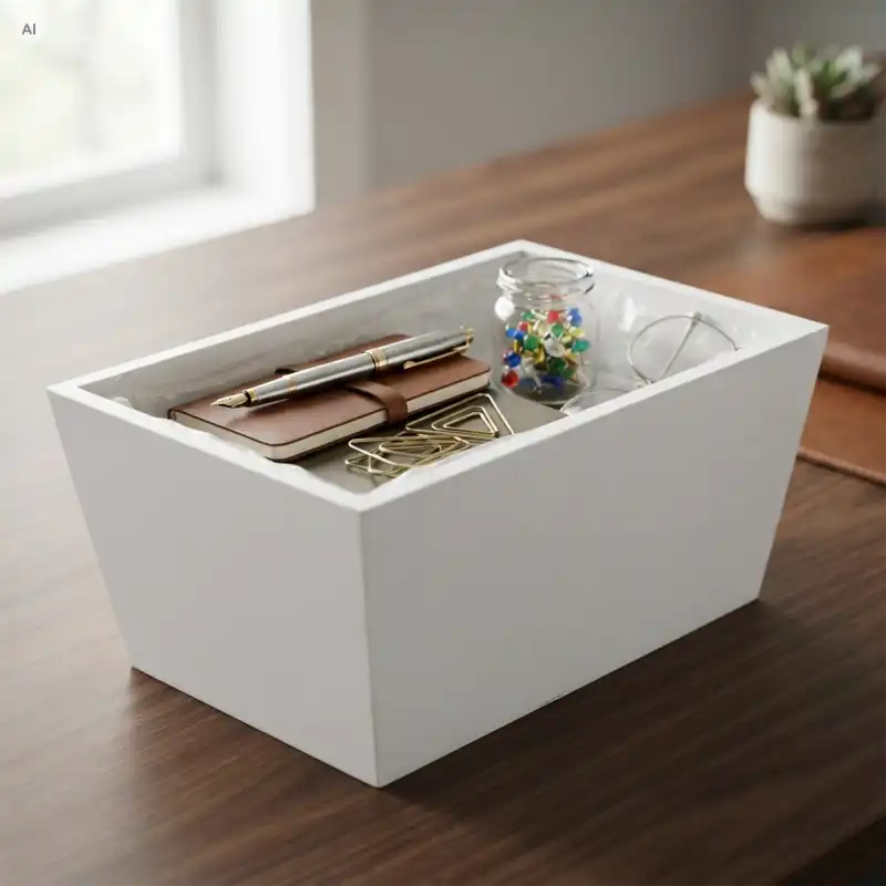 Biała drewniana skrzynka 20x12 cm na biurku jako organizer na notes, długopis i akcesoria biurowe.