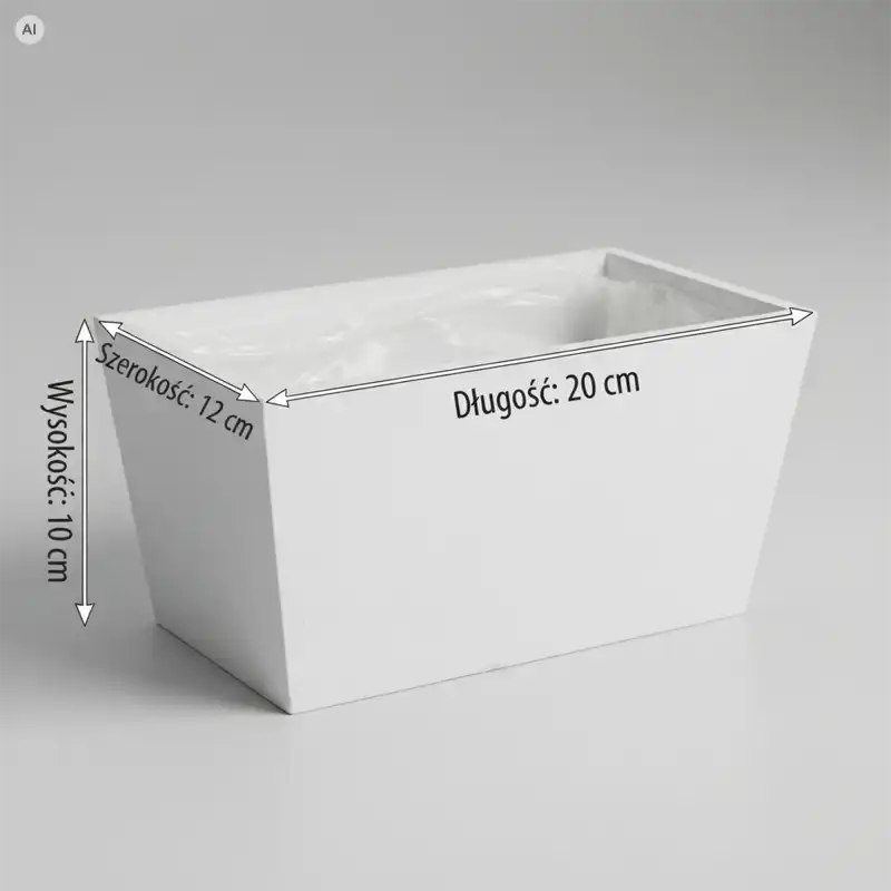Biała drewniana skrzynka na kwiaty 20x12 cm na szarym tle z widocznymi wymiarami długości, szerokości i wysokości oraz wewnętrzną folią.