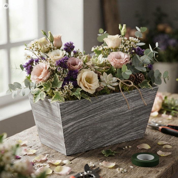 Szara drewniana skrzynka na kwiaty 20x12x10 cm wypełniona kompozycją kwiatową z eustomą i eukaliptusem, stojąca na drewnianym stole w pracowni florystycznej.