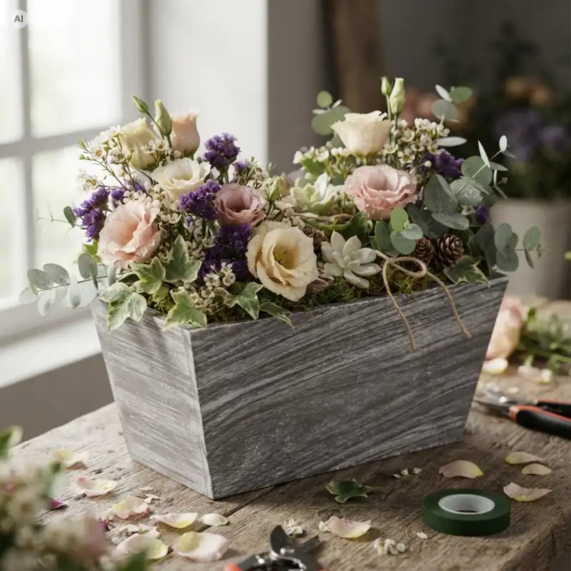 Szara drewniana skrzynka na kwiaty 20x12x10 cm wypełniona kompozycją kwiatową z eustomą i eukaliptusem, stojąca na drewnianym stole w pracowni florystycznej.