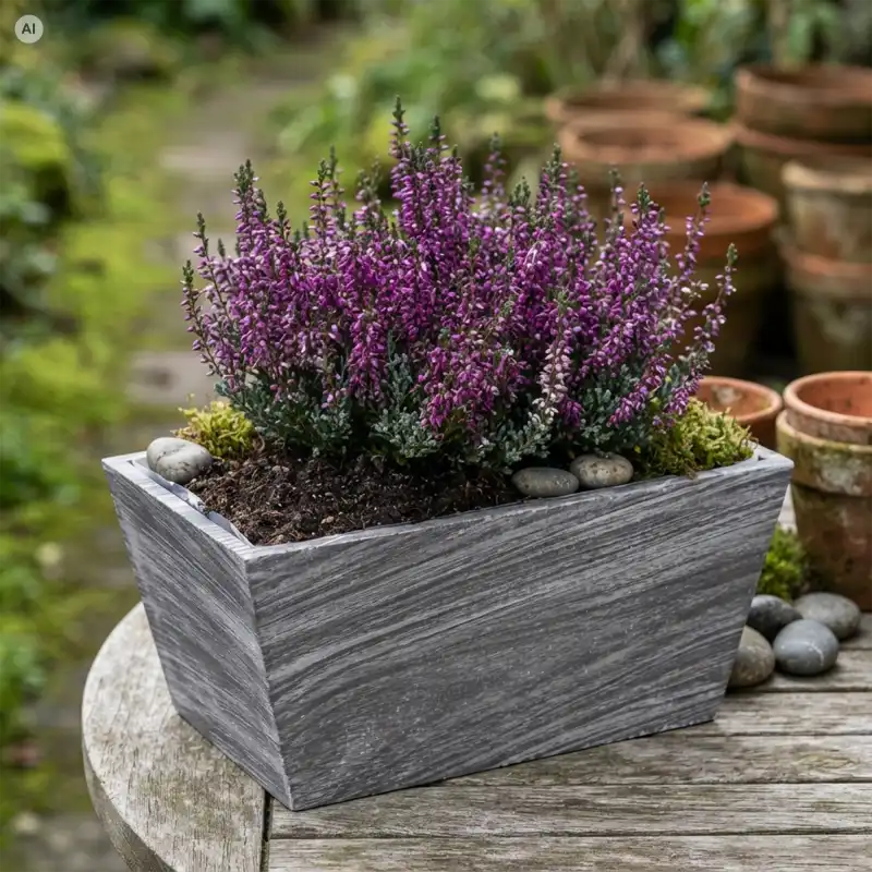 Szara drewniana skrzynka na kwiaty 20x12x10 cm z wrzosem i kamieniami na okrągłym stoliku w ogrodzie.