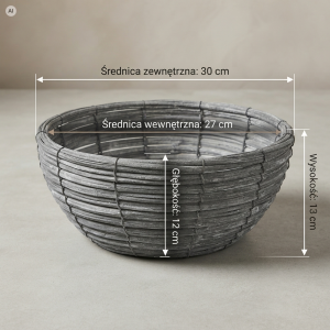 Szara okrągła rattanowa osłonka miska 30 cm prezentowana z widocznymi wymiarami technicznymi na neutralnym tle