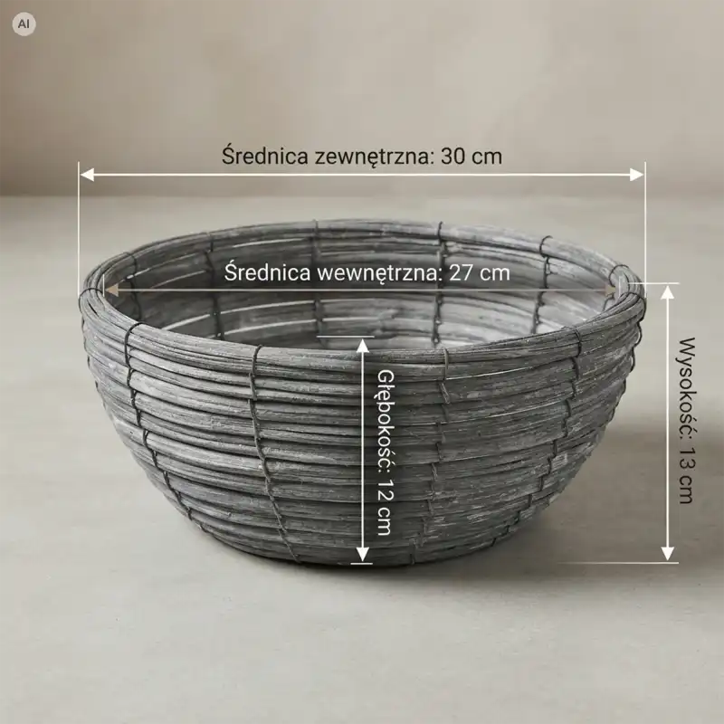 Szara okrągła rattanowa osłonka miska 30 cm prezentowana z widocznymi wymiarami technicznymi na neutralnym tle