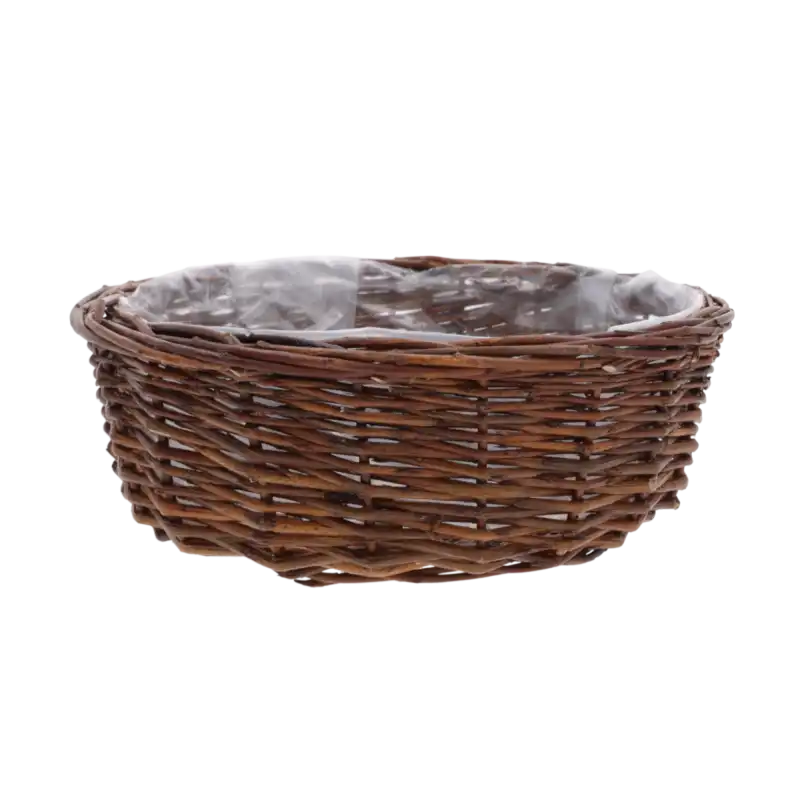Okrągła brązowa osłonka wiklinowa z przezroczystą folią o średnicy 30 cm na białym tle.