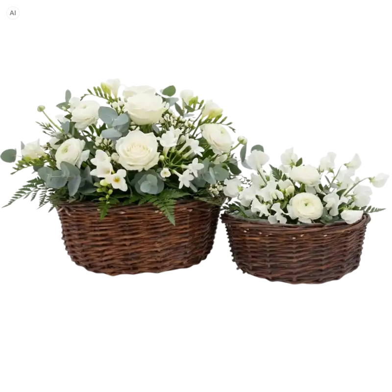 Okrągłe brązowe osłonki wiklinowe z folią 2 szt., rozmiar L 35 cm i M 30 cm z białymi kompozycjami kwiatowymi na izolowanym tle