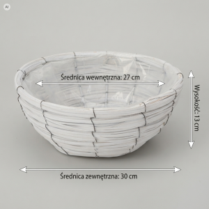 Biała okrągła rattanowa osłonka miska 30 cm prezentowana z zaznaczonymi na grafice wymiarami: średnicą zewnętrzną, wewnętrzną oraz wysokością