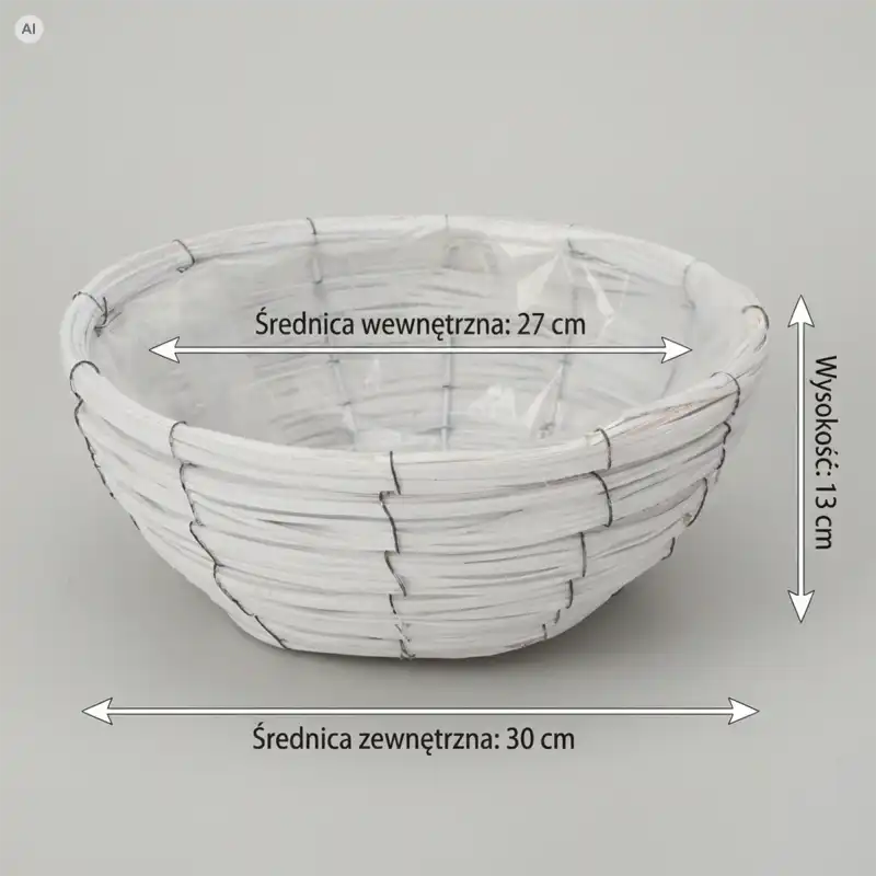 Biała okrągła rattanowa osłonka miska 30 cm prezentowana z zaznaczonymi na grafice wymiarami: średnicą zewnętrzną, wewnętrzną oraz wysokością